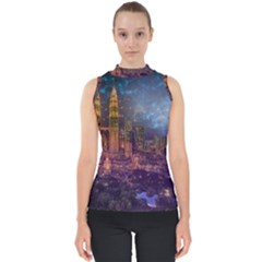 City Lights Skyline Buildings Mock Neck Shell Top by Wegoenart