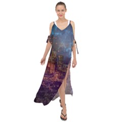 City Lights Skyline Buildings Maxi Chiffon Cover Up Dress by Wegoenart