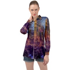 City Lights Skyline Buildings Long Sleeve Satin Shirt