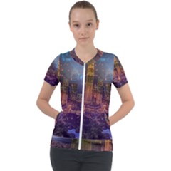 City Lights Skyline Buildings Short Sleeve Zip Up Jacket by Wegoenart