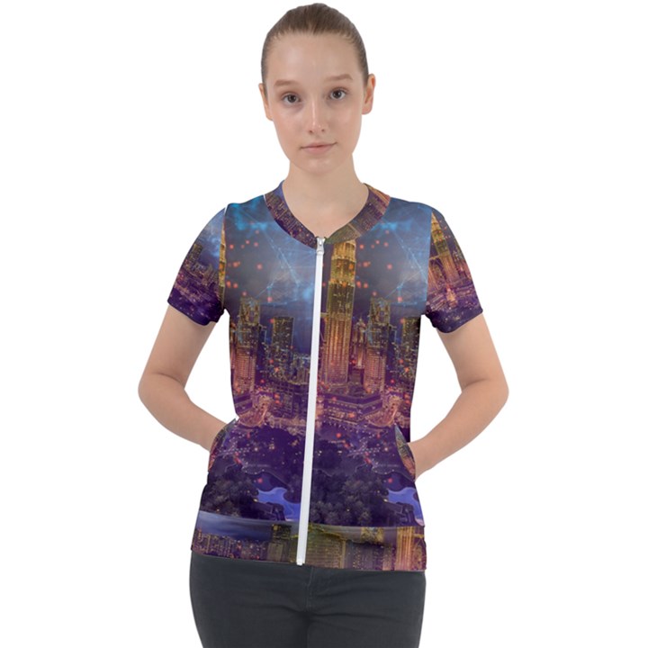 City Lights Skyline Buildings Short Sleeve Zip Up Jacket