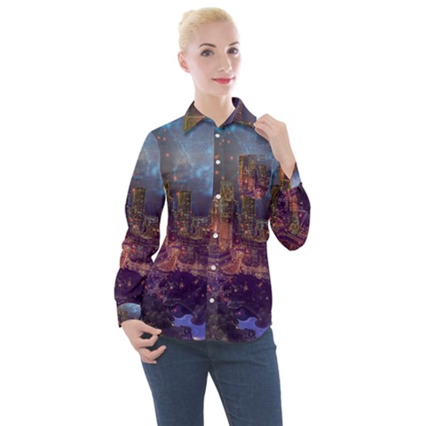 City Lights Skyline Buildings Women s Long Sleeve Pocket Shirt by Wegoenart