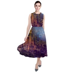 City Lights Skyline Buildings Round Neck Boho Dress by Wegoenart