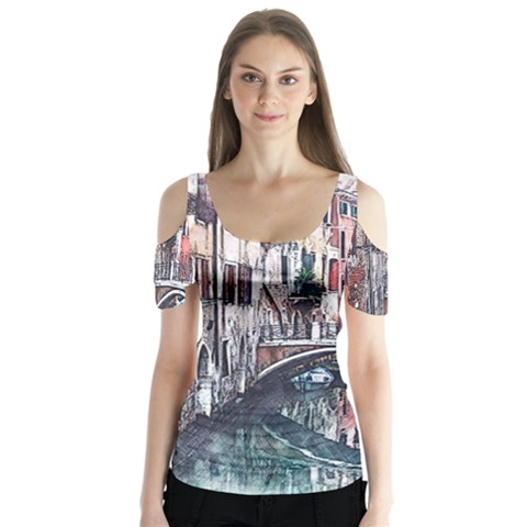 Venice Water Laguna Italy Butterfly Sleeve Cutout Tee  by Wegoenart