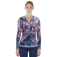 Venice Water Laguna Italy V-neck Long Sleeve Top by Wegoenart