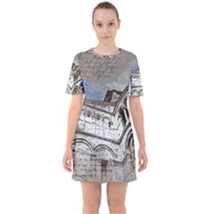 Building Architecture Columns Sixties Short Sleeve Mini Dress by Wegoenart