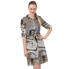 Building Architecture Columns Long Sleeve Mini Shirt Dress by Wegoenart