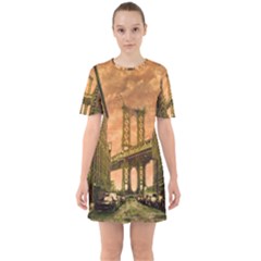 Architecture Buildings City Bridge Sixties Short Sleeve Mini Dress by Wegoenart