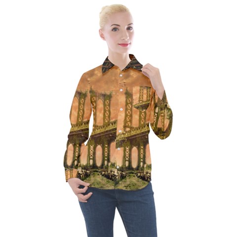 Architecture Buildings City Bridge Women s Long Sleeve Pocket Shirt by Wegoenart