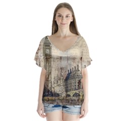 London Westminster Bridge Building V-Neck Flutter Sleeve Top