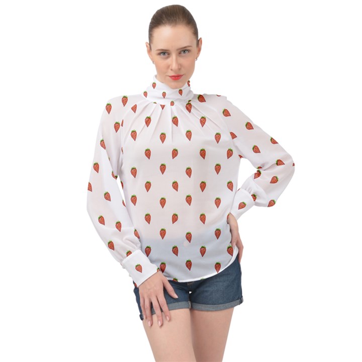 Cartoon Style Strawberry Pattern High Neck Long Sleeve Chiffon Top