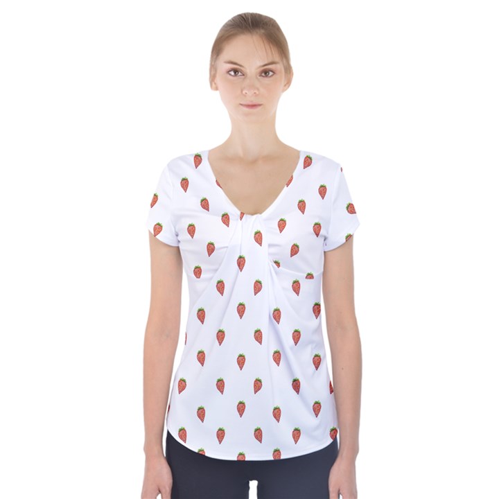 Cartoon Style Strawberry Pattern Short Sleeve Front Detail Top