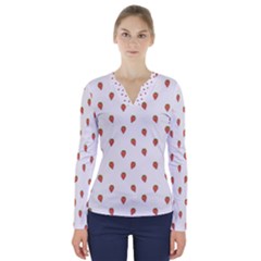 Cartoon Style Strawberry Pattern V-neck Long Sleeve Top by dflcprintsclothing