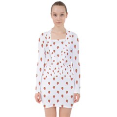 Cartoon Style Strawberry Pattern V-neck Bodycon Long Sleeve Dress