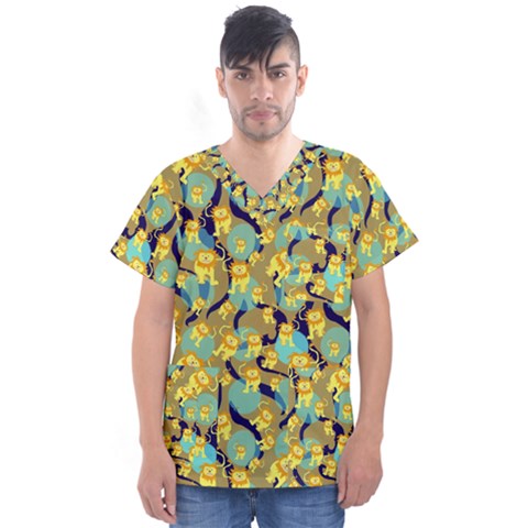 Cute Lions Pattern Men s V-neck Scrub Top by bloomingvinedesign