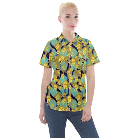 Cute Lions Pattern Women s Short Sleeve Pocket Shirt by bloomingvinedesign