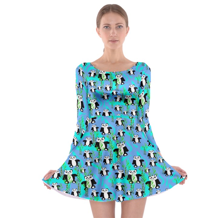 Cute Panda Bears Pattern Long Sleeve Skater Dress