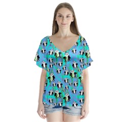 Cute Panda Bears Pattern V-neck Flutter Sleeve Top by bloomingvinedesign