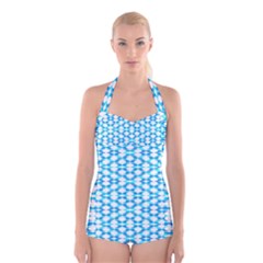 Fabric Geometric Aqua Crescents Boyleg Halter Swimsuit  by Bajindul