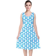 Fabric Geometric Aqua Crescents V-neck Midi Sleeveless Dress  by Bajindul