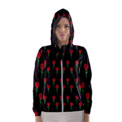 Red Water Color Rose On Black Women s Hooded Windbreaker