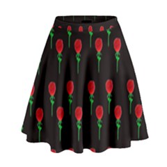 Red Water Color Rose On Black High Waist Skirt by snowwhitegirl