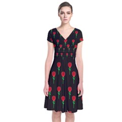 Red Water Color Rose On Black Short Sleeve Front Wrap Dress by snowwhitegirl