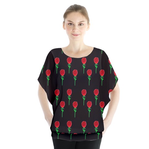 Red Water Color Rose On Black Batwing Chiffon Blouse by snowwhitegirl