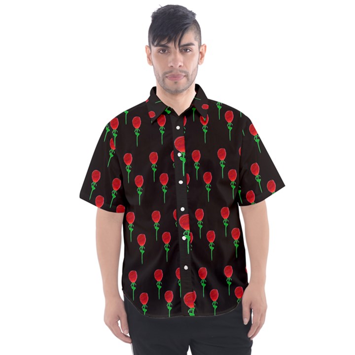 Red Water Color Rose On Black Men s Short Sleeve Shirt