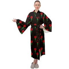 Red Water Color Rose On Black Maxi Tie Front Velour Kimono by snowwhitegirl