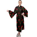 Red Water Color Rose On Black Maxi Tie Front Velour Kimono View1