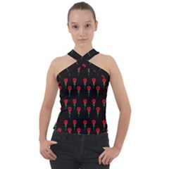 Red Water Color Rose On Black Cross Neck Velour Top by snowwhitegirl