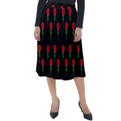 Red Water Color Rose On Black Classic Velour Midi Skirt  by snowwhitegirl