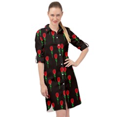 Red Water Color Rose On Black Long Sleeve Mini Shirt Dress