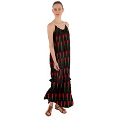 Red Water Color Rose On Black Cami Maxi Ruffle Chiffon Dress