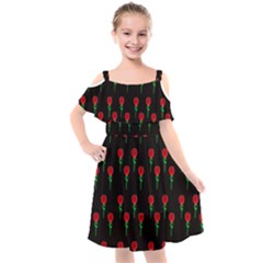 Red Water Color Rose On Black Kids  Cut Out Shoulders Chiffon Dress