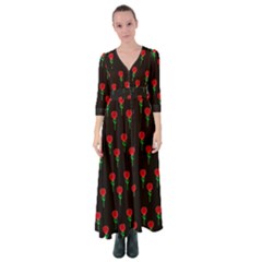 Red Water Color Rose On Black Button Up Maxi Dress by snowwhitegirl