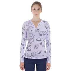 Children Drawings Baby Fish Cat V-neck Long Sleeve Top by Wegoenart