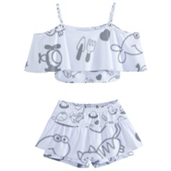 Children Drawings Baby Fish Cat Kids  Off Shoulder Skirt Bikini by Wegoenart