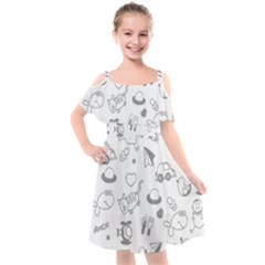 Children Drawings Baby Fish Cat Kids  Cut Out Shoulders Chiffon Dress