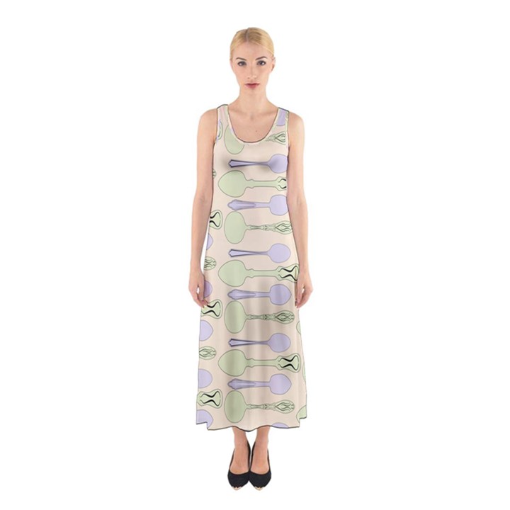 Spoon Pattern Illustrator Green Sleeveless Maxi Dress