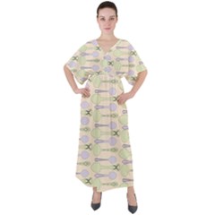 Spoon Pattern Illustrator Green V-neck Boho Style Maxi Dress