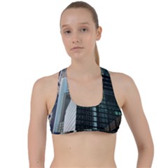 Architecture Frankfurt Reflection Criss Cross Racerback Sports Bra by Wegoenart