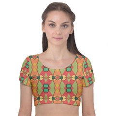 Pattern Orange Green African Velvet Short Sleeve Crop Top  by Wegoenart