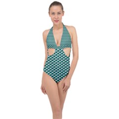 Pattern Green Blue Grey Hues Halter Front Plunge Swimsuit by Wegoenart