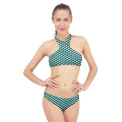 Pattern Green Blue Grey Hues High Neck Bikini Set by Wegoenart