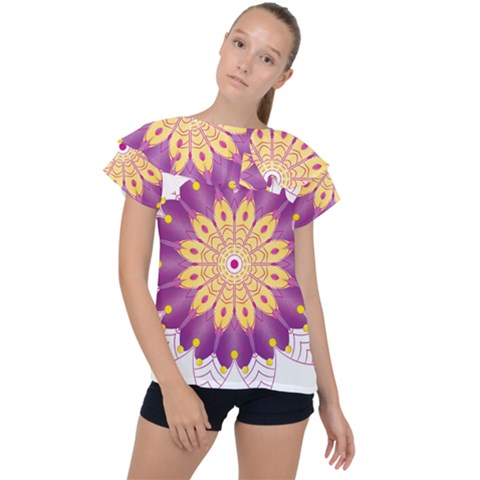 Mandala Stained Flower Drawing Ruffle Collar Chiffon Blouse by Wegoenart