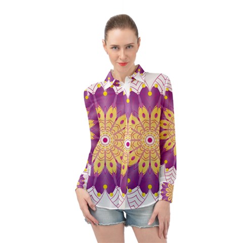 Mandala Stained Flower Drawing Long Sleeve Chiffon Shirt by Wegoenart