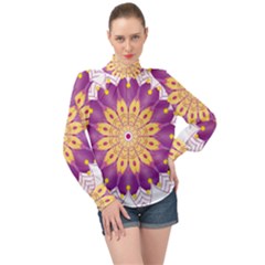 Mandala Stained Flower Drawing High Neck Long Sleeve Chiffon Top