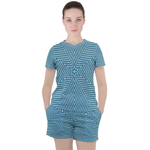 Lines Blue Repeating Textile Women s Tee And Shorts Set by Wegoenart